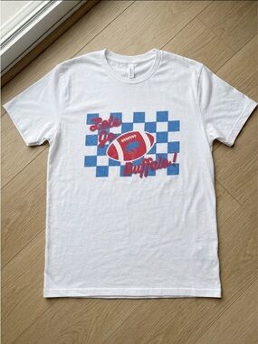Soft Style White T‑Shirt with Blue Check and Red Football Graphic